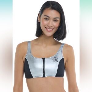 New Body Glove The 91 You Spin Me Zip Bikini Top Swimsuit Silver/Black XS